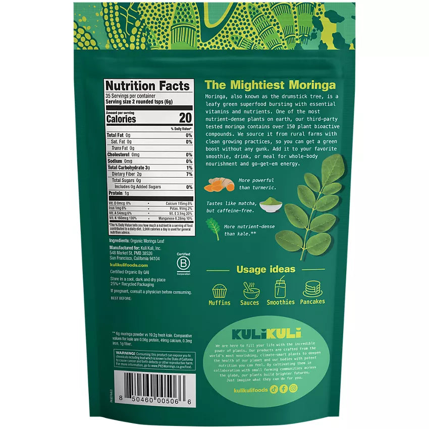 Kuli Kuli | Organic Pure Moringa Vegetable Powder - Calcium, Iron & Vitamin A (7.4 oz / 21 Servings)