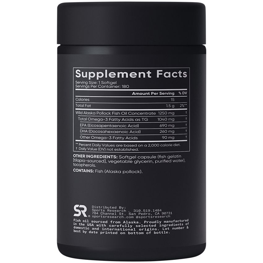 Sports Research Corporation|Triple Strength Omega-3 Fish Oil|Superior Triglyceride Form -1,250 MG (180 Softgels)