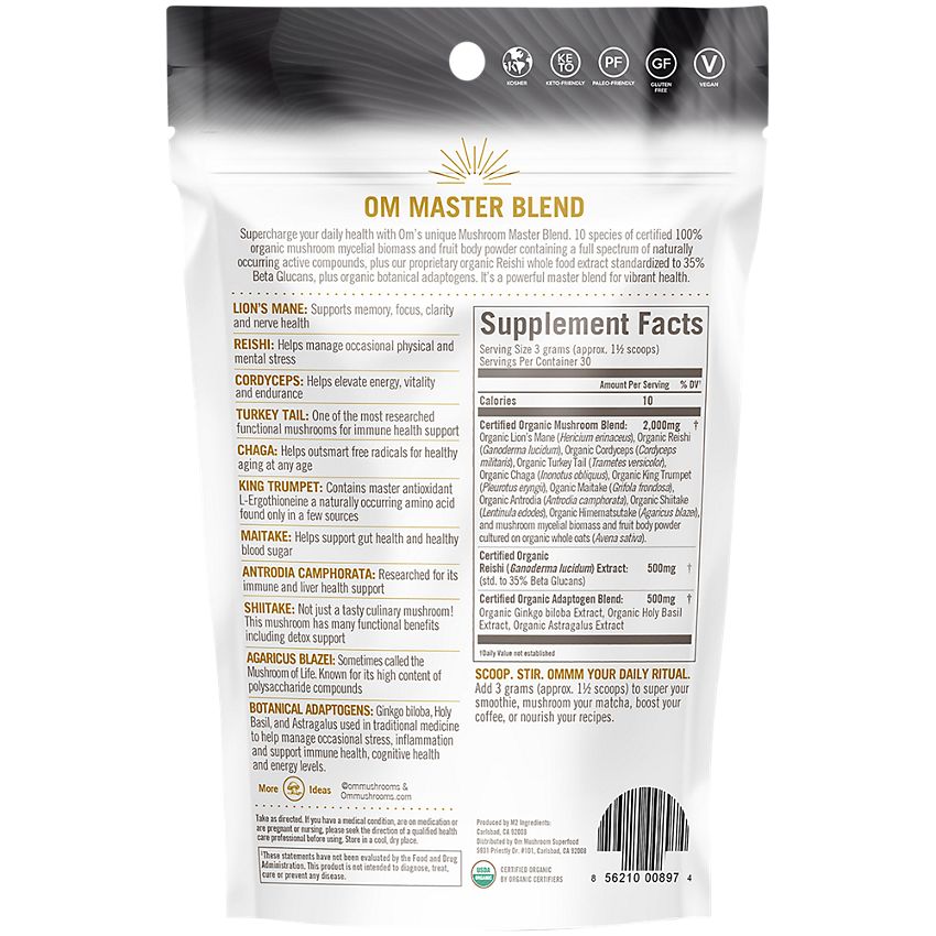 Om Organic Mushrooms|Mushroom Master Blend Powder|10 Organic Mushroom Species & 3 Botanical Adaptogens (3.17 oz / 30 Servings)