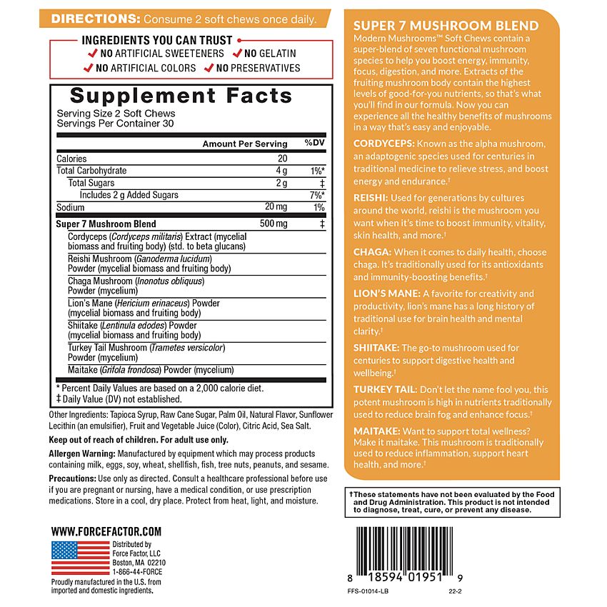 Force Factor|Modern Mushrooms Soft Chews|Supports Energy, Focus, Immunity & Digestion|Cinnamon-(60 Chews)