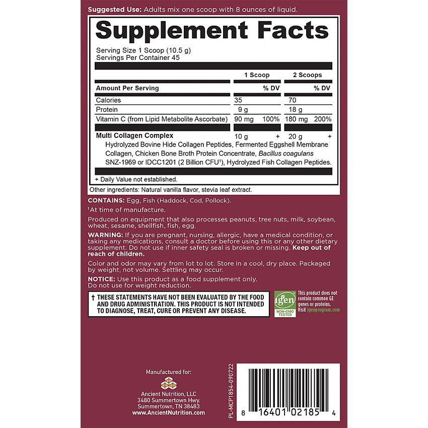Ancient Nutrition|Vanilla|Multi Collagen Protein Powder|Supports Healthy Skin, Nails & Joints(45 Servings)