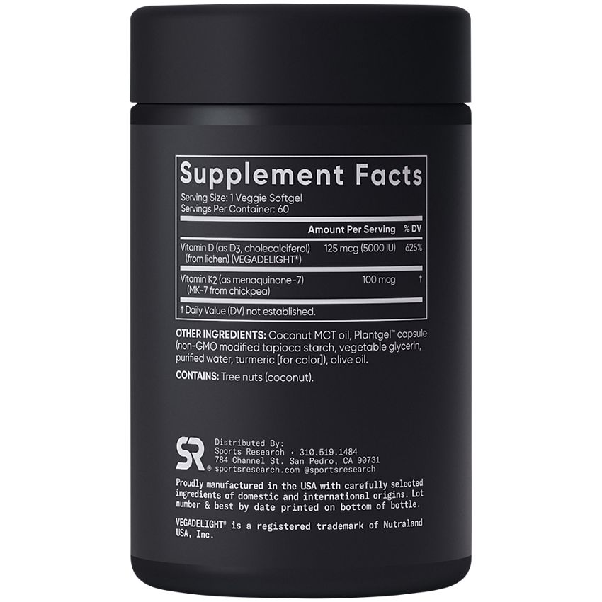 Sports Research Corporation|Plant-Based Vitamin|D3 + K2 as MK-7|Supports Bone Health-60 Softgels)
