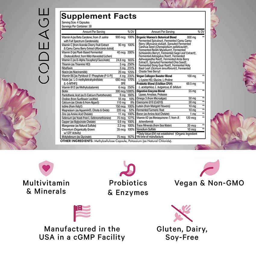 Codeage|Women's Fermented Multivitamin|with 25+ Daily Vitamins, Vegan & Organic Whole Foods (120 Capsules)