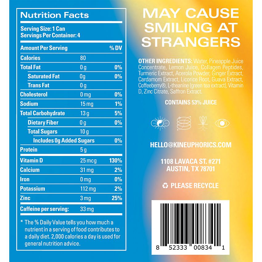 Kin Social Tonics, Inc|Kin Euphorics Drink|Infused with adaptogens, nootropics, and botanics|Actual Sunshine|(4 Drinks, 8 Fl. Oz. Each)