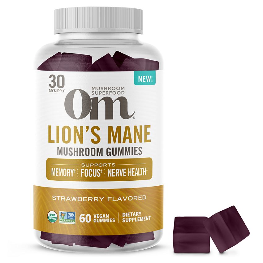 Om Organic Mushrooms|Organic Lion's Mane Mushroom Gummies|Strawberry(60 Gummies)