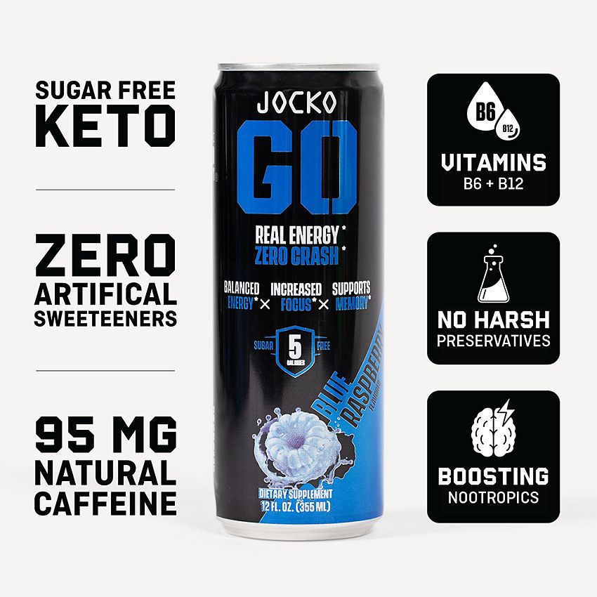 JOCKO FUEL Discipline GO Energy Drink – Physical & Cognitive Support – Blue Raspberry (12 Drinks)