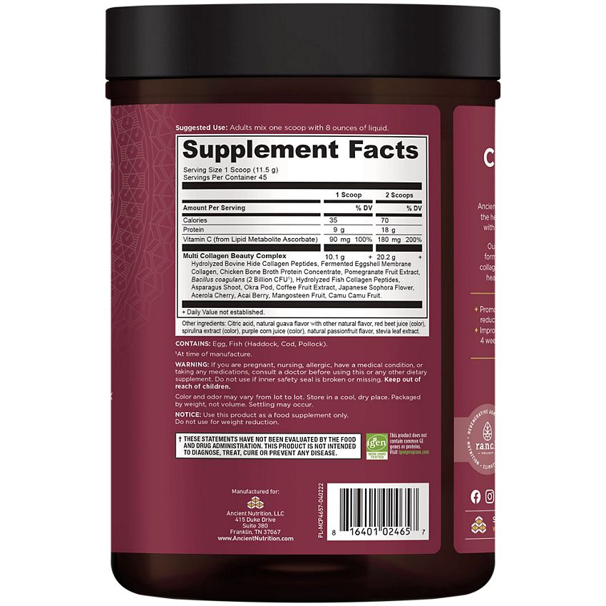 Ancient Nutrition|Guava Passionfruit|Multi Collagen Protein Powder|Beauty Within (45 Servings)
