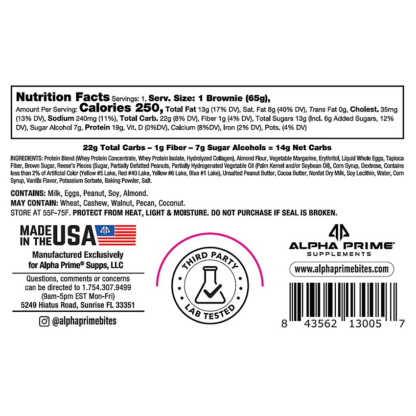 PrimeBites Protein Brownie | Alpha Prime Supplements | Peanut Butter Candy Crunch Flavor (12 Brownies)