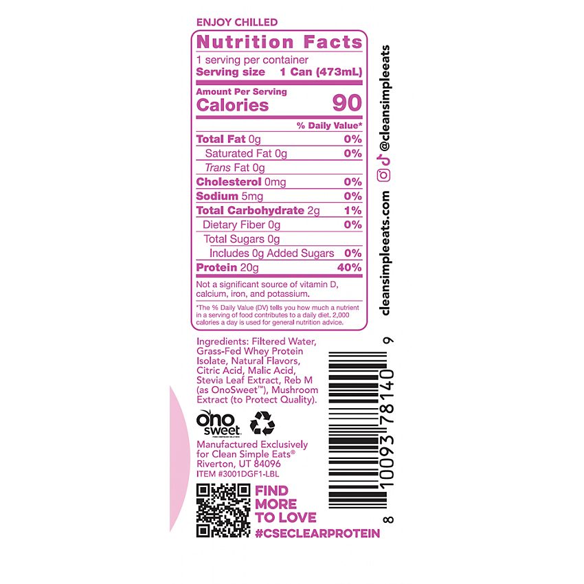 Clean Simple Eats|Clear Protein Drink|Grass-Fed Whey Protein|Dragon Fruit-(12 Drinks , 16 Fl Oz. Each)