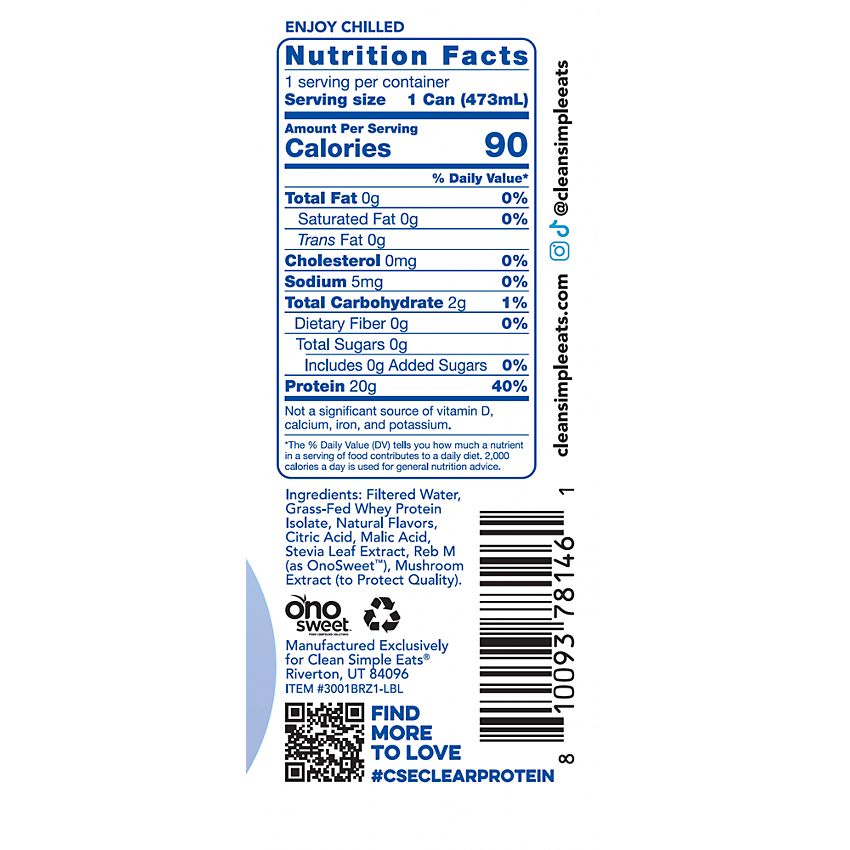 Clean Simple Eats|Clear Protein Drink|Grass-Fed Whey Protein|Blue Razz-(12 Drinks , 16 Fl Oz. Each)