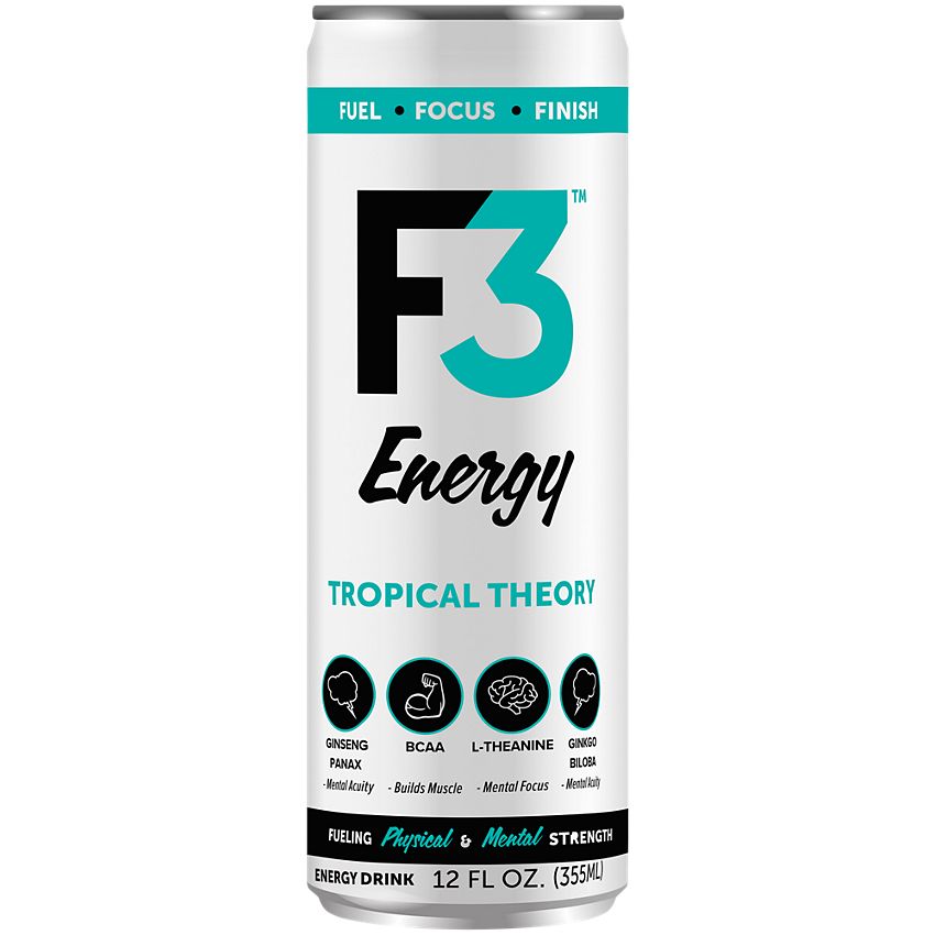 F3 Energy Energy Drink - Supports Mental Focus and Muscle Building - Tropical Theory (12 Drinks, 12 Fl Oz. Each)