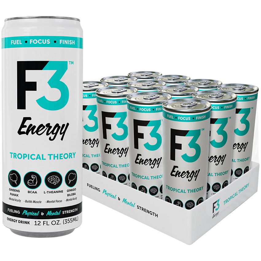 F3 Energy Energy Drink - Supports Mental Focus and Muscle Building - Tropical Theory (12 Drinks, 12 Fl Oz. Each)