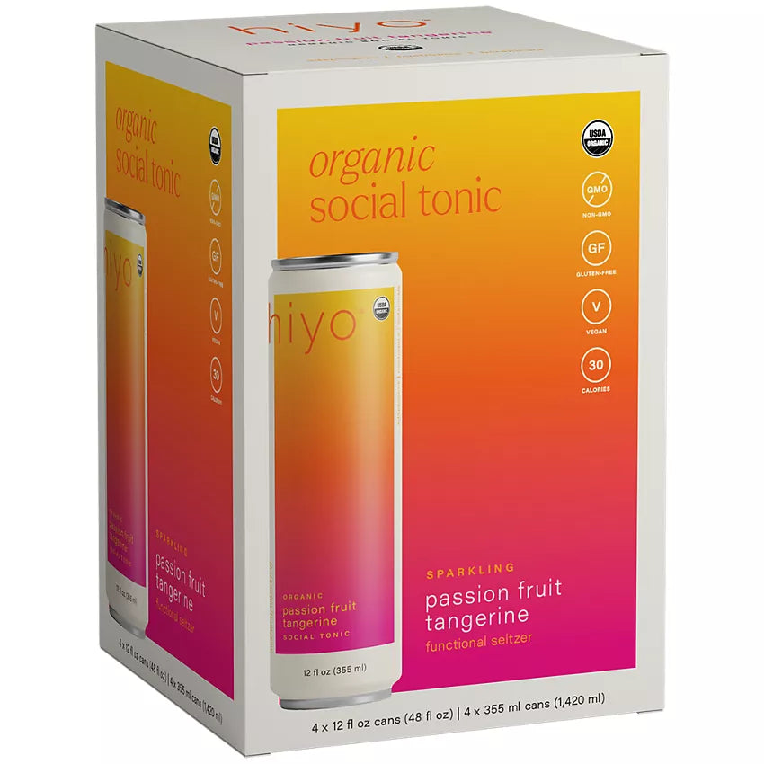 Hiyo Inc Organic Non-Alcoholic Social Tonic - Functional Seltzer - Passionfruit Tangerine (4 Drinks, 12 Fl. Oz. Each)