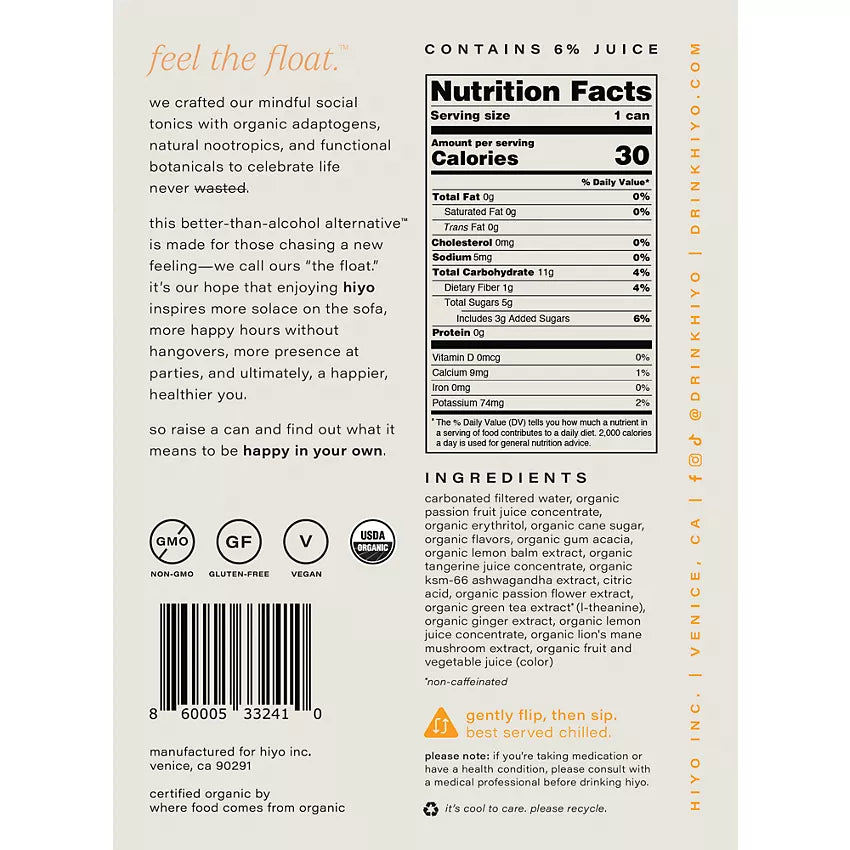 Hiyo Inc Organic Non-Alcoholic Social Tonic - Functional Seltzer - Passionfruit Tangerine (4 Drinks, 12 Fl. Oz. Each)