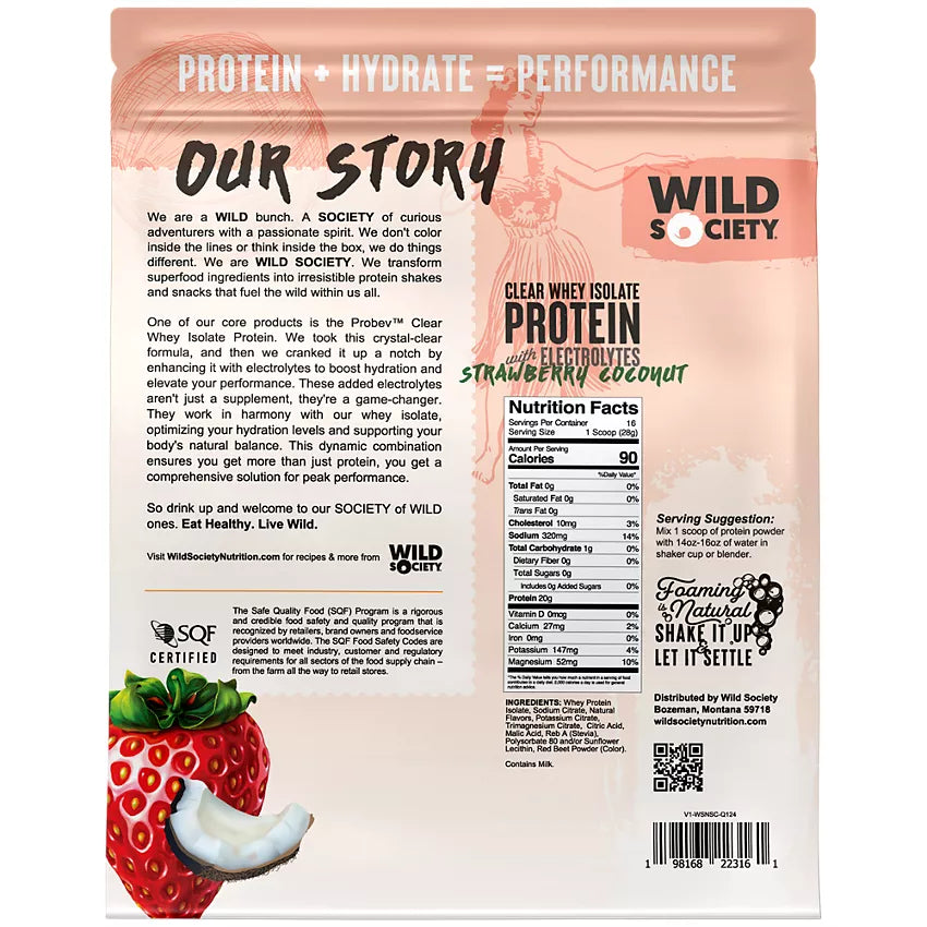 Wild Society Clear Whey Isolate Protein Powder with Electrolytes - Strawberry Coconut (16 Oz. / 16 Servings)