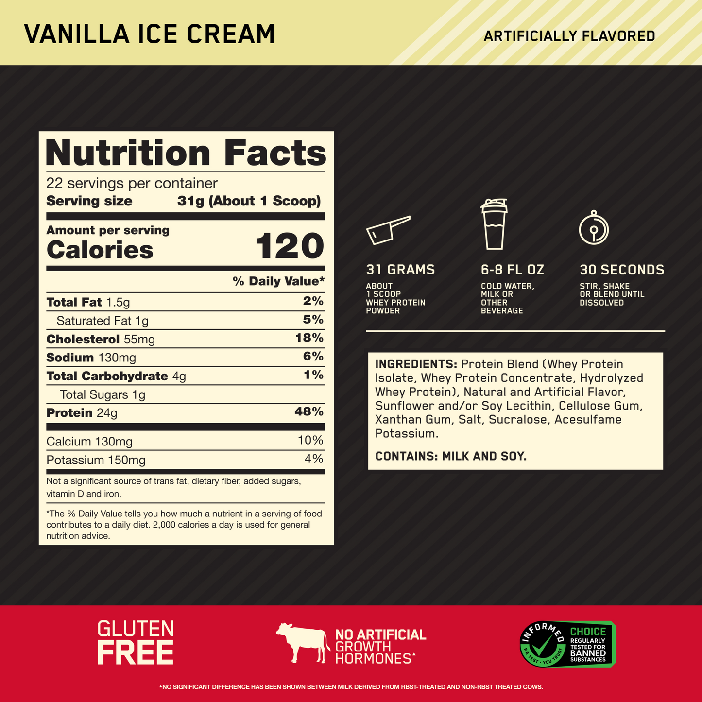 Optimum Nutrition|Whey ProteinVanilla Ice Cream flavor|Gold Standard 100% Protein Powder, 1.5lb Tub