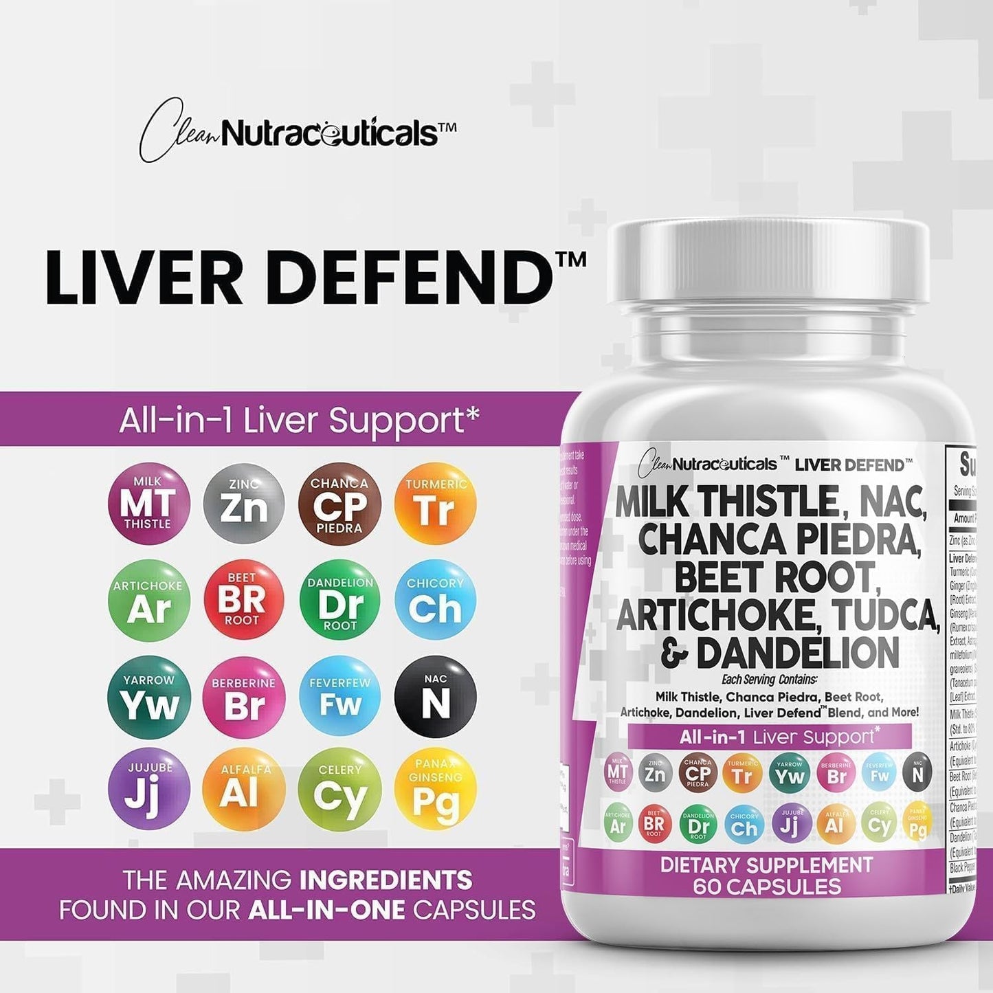 Clean Nutraceuticals | Milk Thistle NAC Chanca Piedra Beet Root Artichoke Dandelion Root - Liver Cleanse Detox & Repair Supplement Plus TUDCA Choline & Ginger 60 Count
