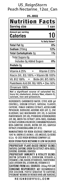 REIGN Storm, Peach Nectarine, Fitness & Wellness Energy Drink, 12 Fl Oz (Pack of 12)