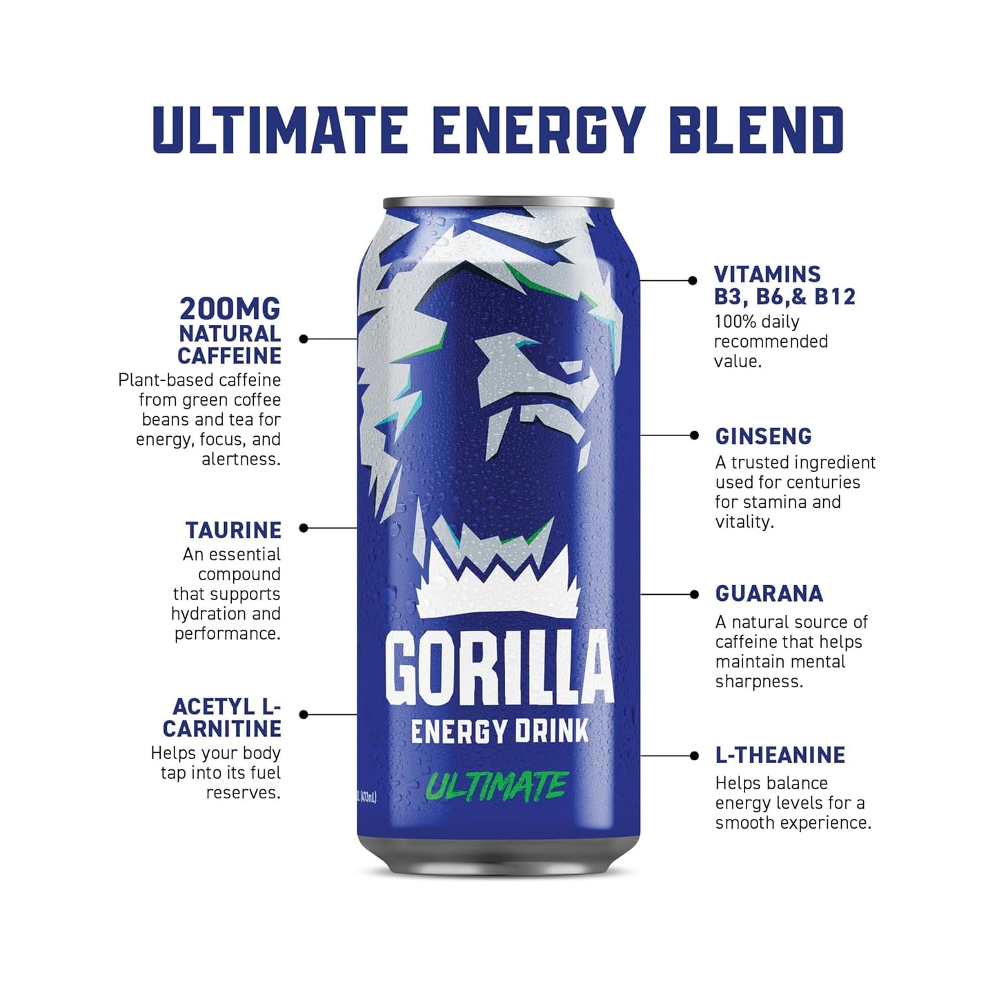 Gorilla Energy Drink, Ultimate, 200mg Natural Caffeine, L-Theanine, Taurine, Ginseng, Acetyl L-Carnitine, B Vitamins, No Added Sugar and No Artificial Colors, 16 oz Cans, 12 Pack