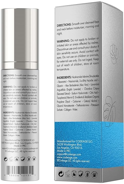 Codeage NAD+ Face Serum with Resveratrol, Niacinamide, Collagen, Aloe Vera, Vitamins C & E (3.4 Fl Oz.)