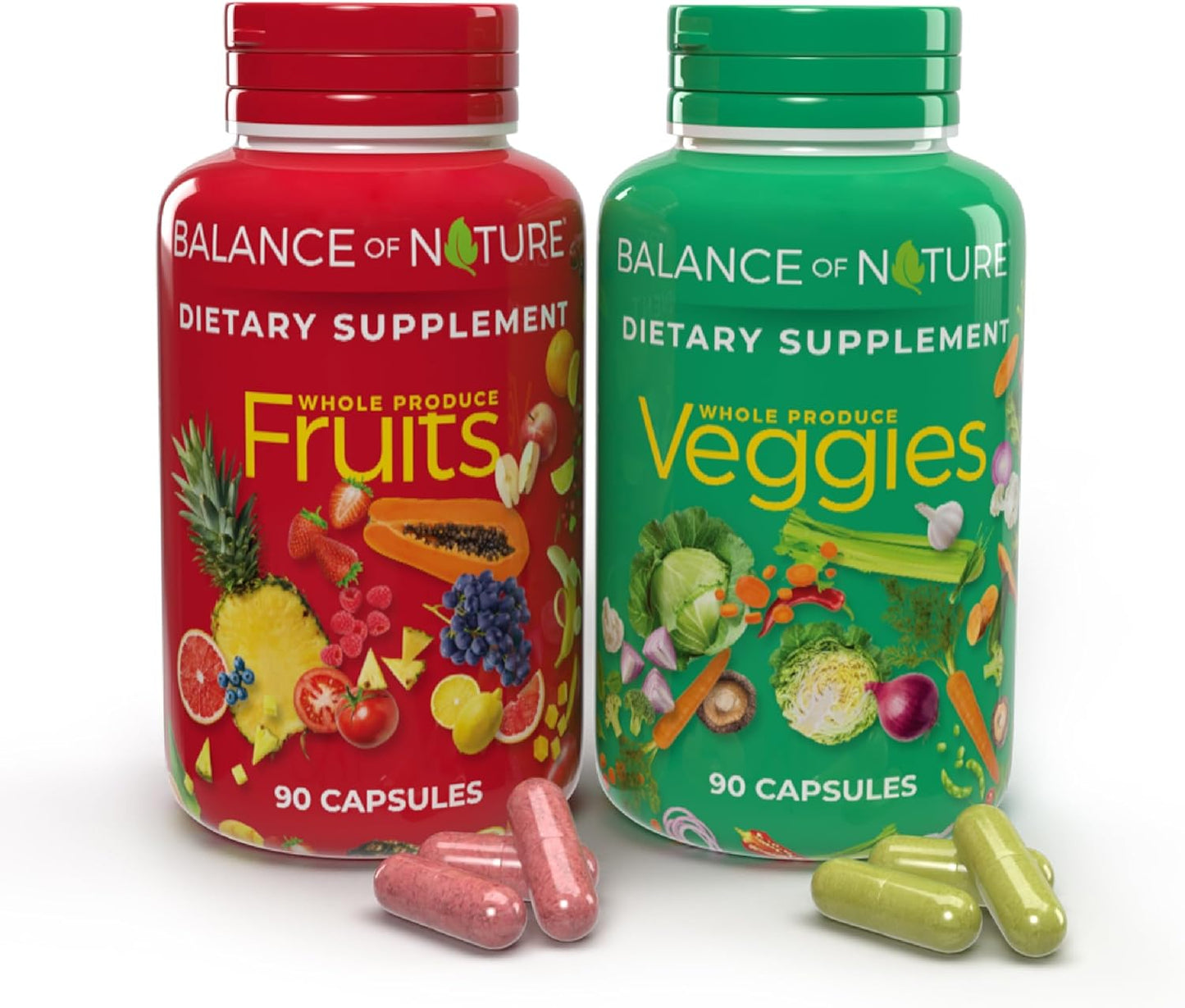 Balance of Nature | Fruits & Veggies - Whole Food Supplement with Superfood Fruits and Vegetables for Women, Men, and Kids - 90 Fruit Capsules, 90 Veggie Capsules- ( 1 Set- 2Bottle )