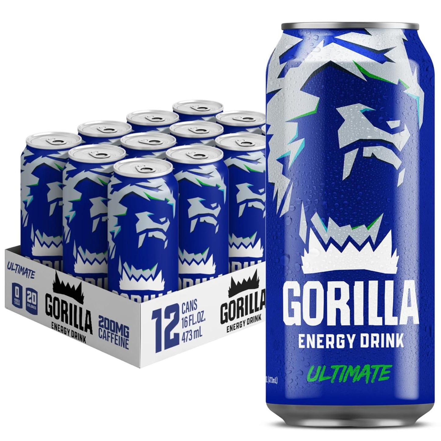 Gorilla Energy Drink, Ultimate, 200mg Natural Caffeine, L-Theanine, Taurine, Ginseng, Acetyl L-Carnitine, B Vitamins, No Added Sugar and No Artificial Colors, 16 oz Cans, 12 Pack