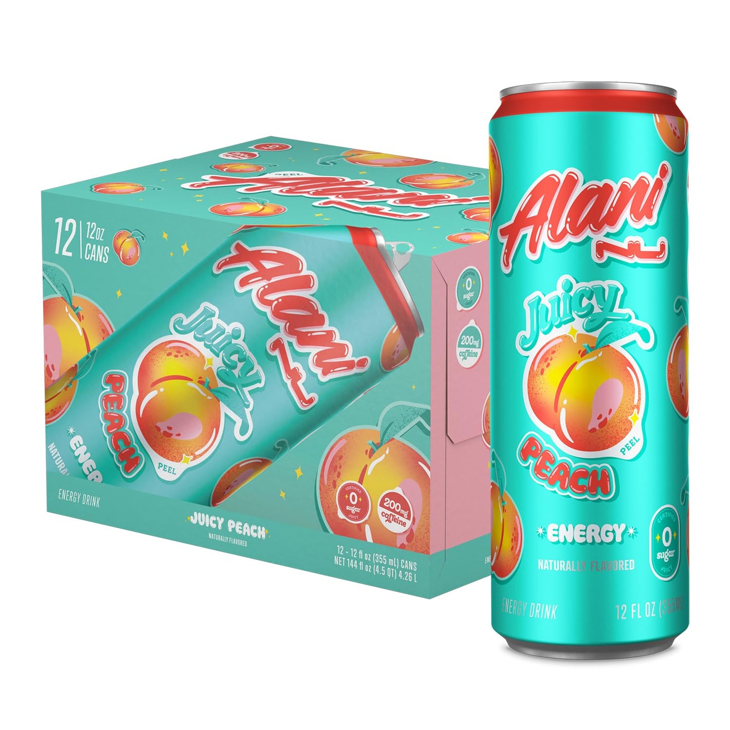 Alani Nu Energy Drink|Juicy Peach-(12 Drinks , 12 Fl Oz. Each)