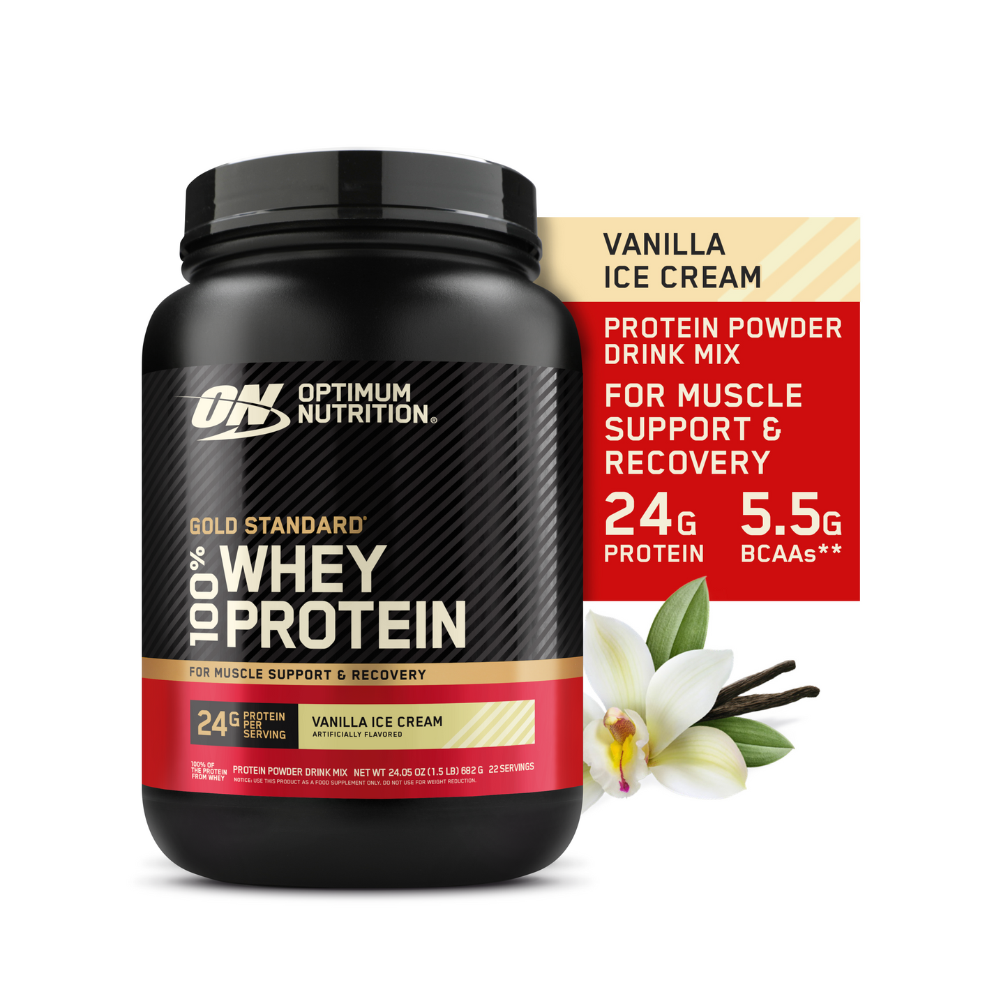 Optimum Nutrition|Whey ProteinVanilla Ice Cream flavor|Gold Standard 100% Protein Powder, 1.5lb Tub