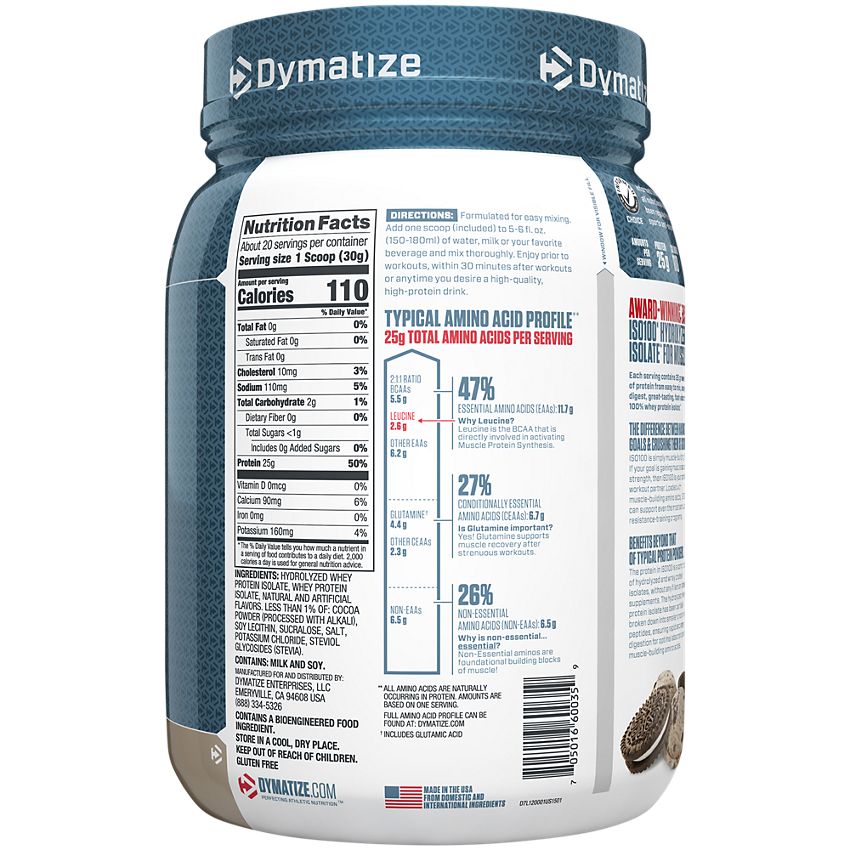 Dymatize Nutrition|ISO100 Hydrolyzed 100% Whey Protein Isolate|Cookies & Cream-(1.3 Lbs. / 20 Servings)