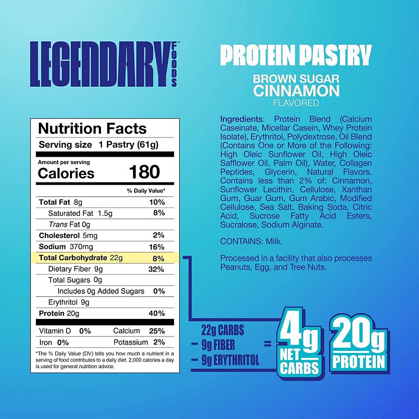 Legendary Foods - Protein Pastry - Low Carb, Zero Sugar, Keto-Friendly - Cake Style Brown Sugar Cinnamon (10 On-the-Go Pastries)