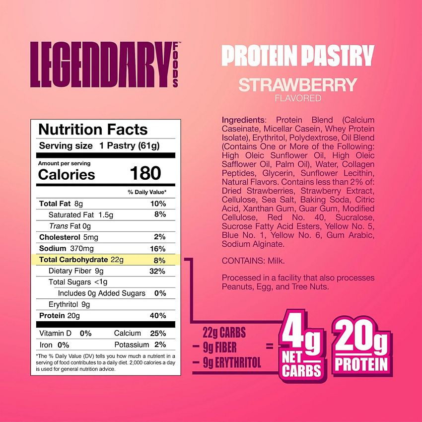 Legendary Foods Protein Pastry - Low Carb, Zero Sugar, Keto-Friendly - Cake Style Strawberry (10 On-the-Go Pastries)