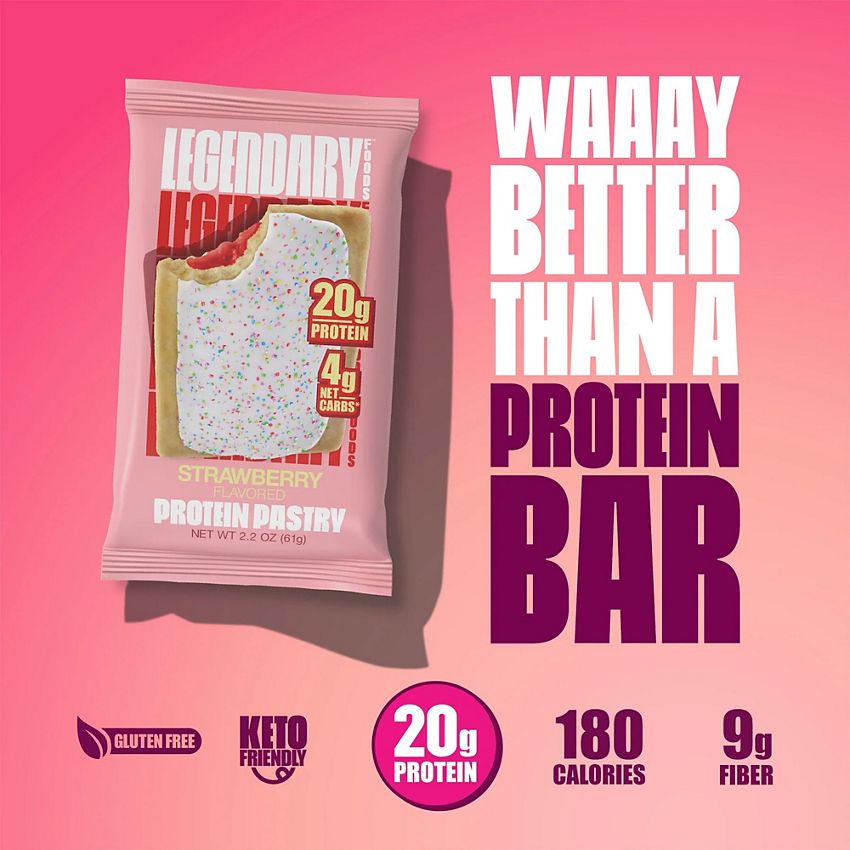 Legendary Foods Protein Pastry - Low Carb, Zero Sugar, Keto-Friendly - Cake Style Strawberry (10 On-the-Go Pastries)