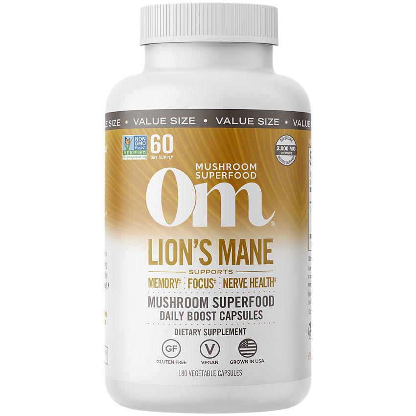 Om Organic Mushrooms|OM Lion's Mane Mushroom Superfood|Daily Memory & Focus Boost - 2,000 MG (180 Capsules)