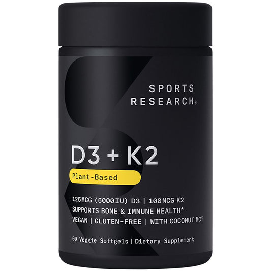 Sports Research Corporation|Plant-Based Vitamin|D3 + K2 as MK-7|Supports Bone Health-60 Softgels)