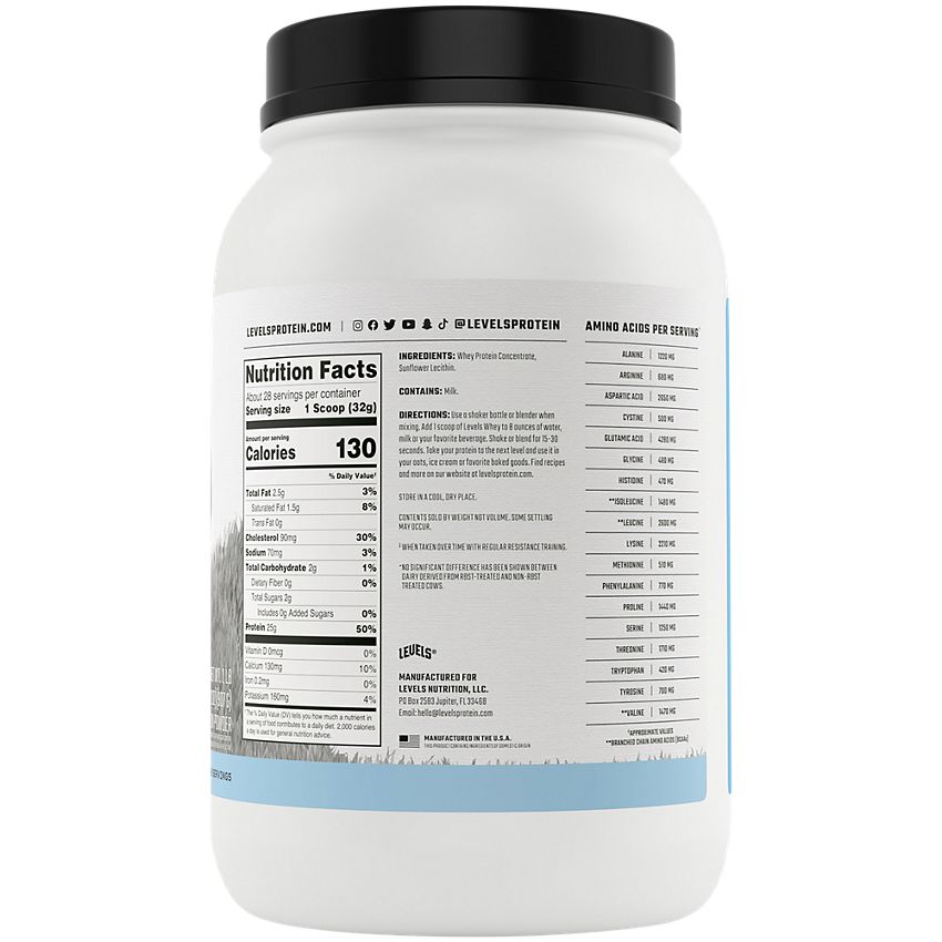 Levels Nutrition|Grass Fed Whey Protein|Unflavored|(2 Lbs. / 28 Servings)