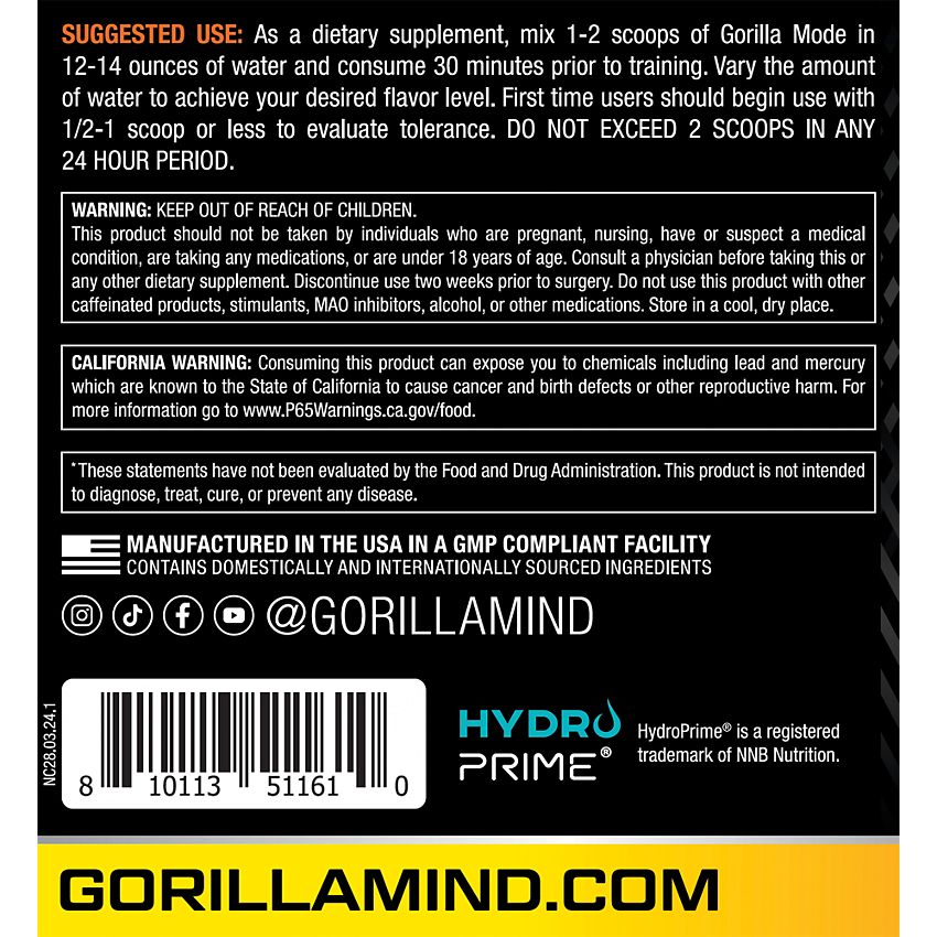 Gorilla Mind|Gorilla Mode Pre-Workout Formula|Rainbow Sherbet-(1.71 Lbs. / 40 Servings)