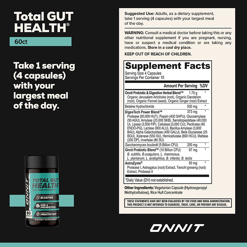 Onnit Labs|Total Gut Health|Daily Digestive Support with Prebiotics & Probiotics-(60 Capsules)