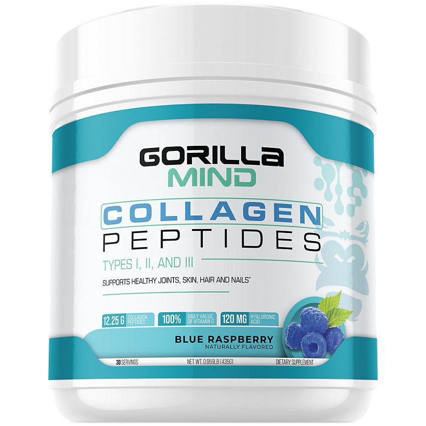 Gorilla Mind Collagen Peptides Powder - Supports Hair, Skin & Nails - Blue Raspberry (30 Servings)