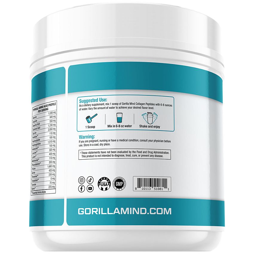 Gorilla Mind Collagen Peptides Powder - Supports Hair, Skin & Nails - Blue Raspberry (30 Servings)