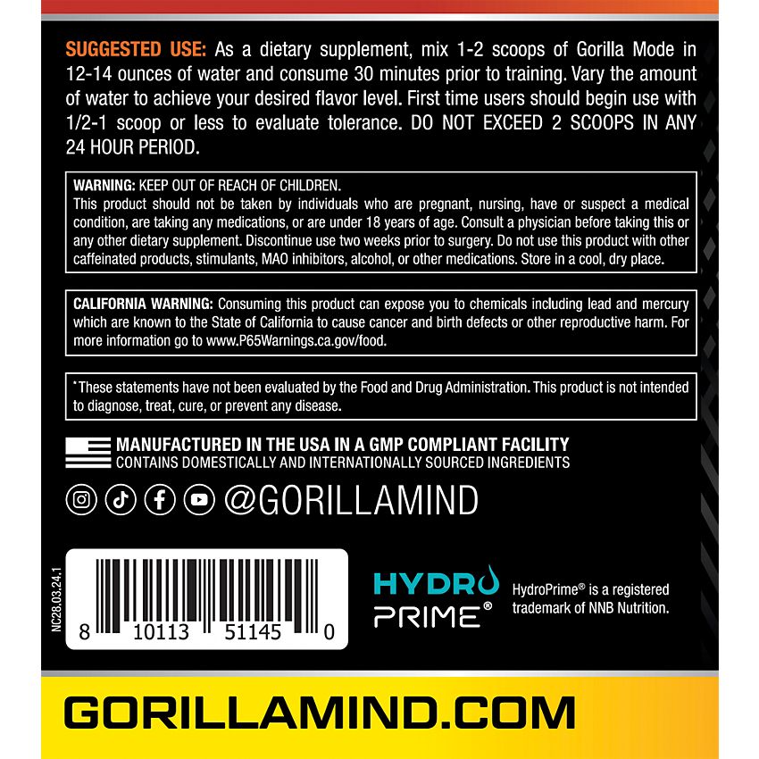 Gorilla Mind|Gorilla Mode Pre-Workout Formula|White Gummy Bear-(1.78 Lbs. / 40 Servings)