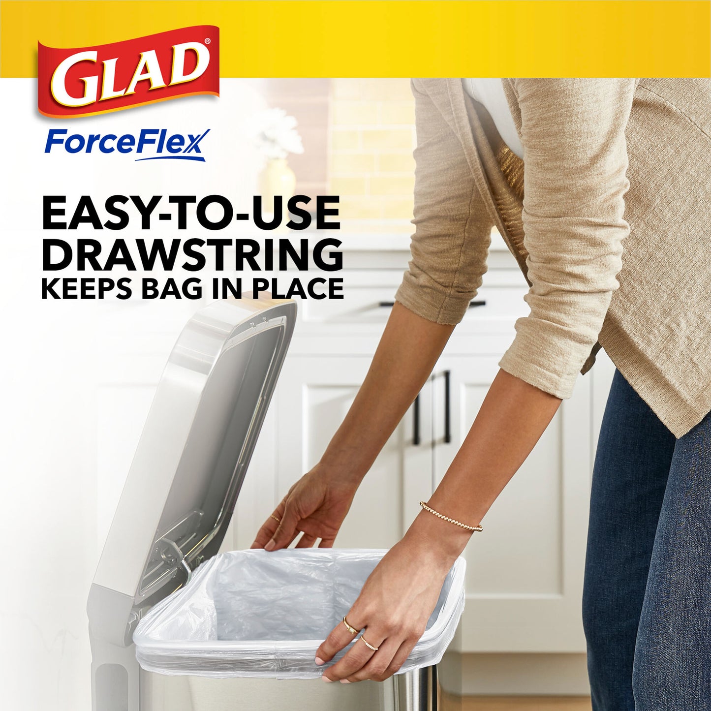 Glad|ForceFlex Tall Kitchen Drawstring Trash Bags|13 Gallon, Gain Fresh Clean with Febreze Freshness-(120 Count)