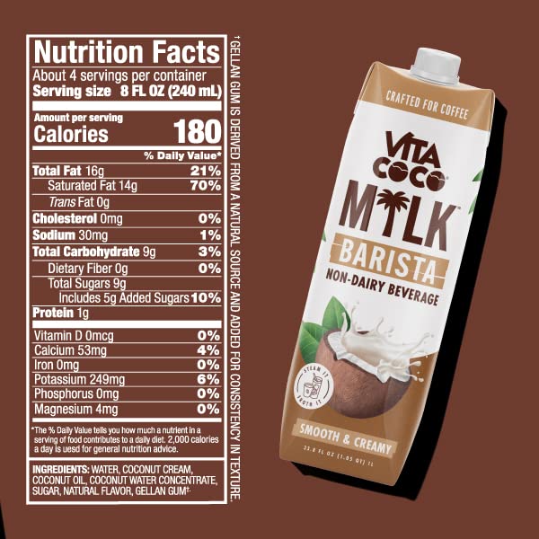 Vita Coco Barista Milk - Plant Based, Dairy Free Milk Alternative - Gluten Free, Soy Free, and Unsweetened - Perfect Add to Coffee, Matcha, Pink Drinks - 33.8 Fl Oz (Pack of 6)