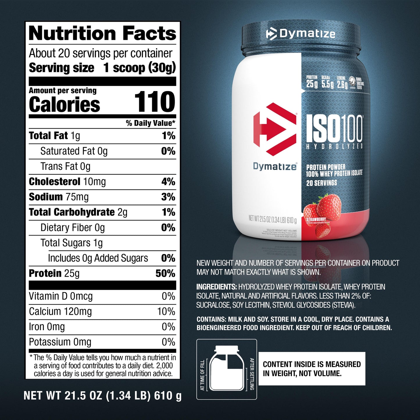 Dymatize Nutrition|Strawberry|Dymatize ISO100 Hydrolyzed Whey Isolate Protein Powder|25g Protein-(20 Servings)