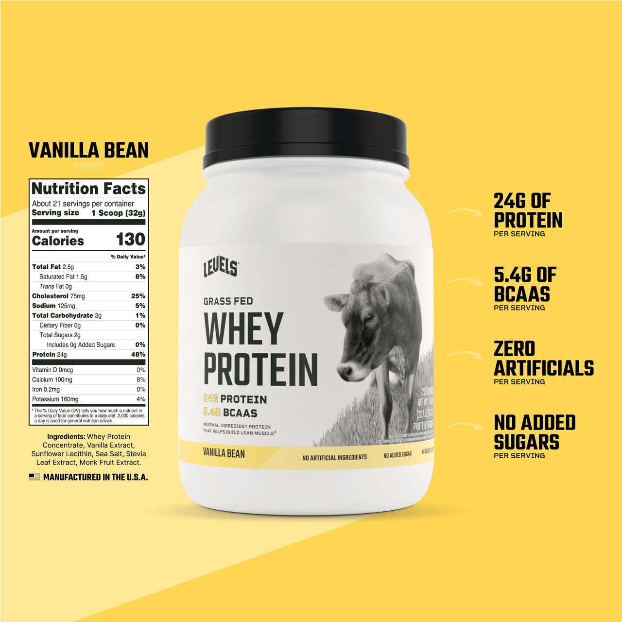 Levels Grass Fed Whey Protein Powder|No Artificials|24G of Protein|Vanilla Bean|1.48LB