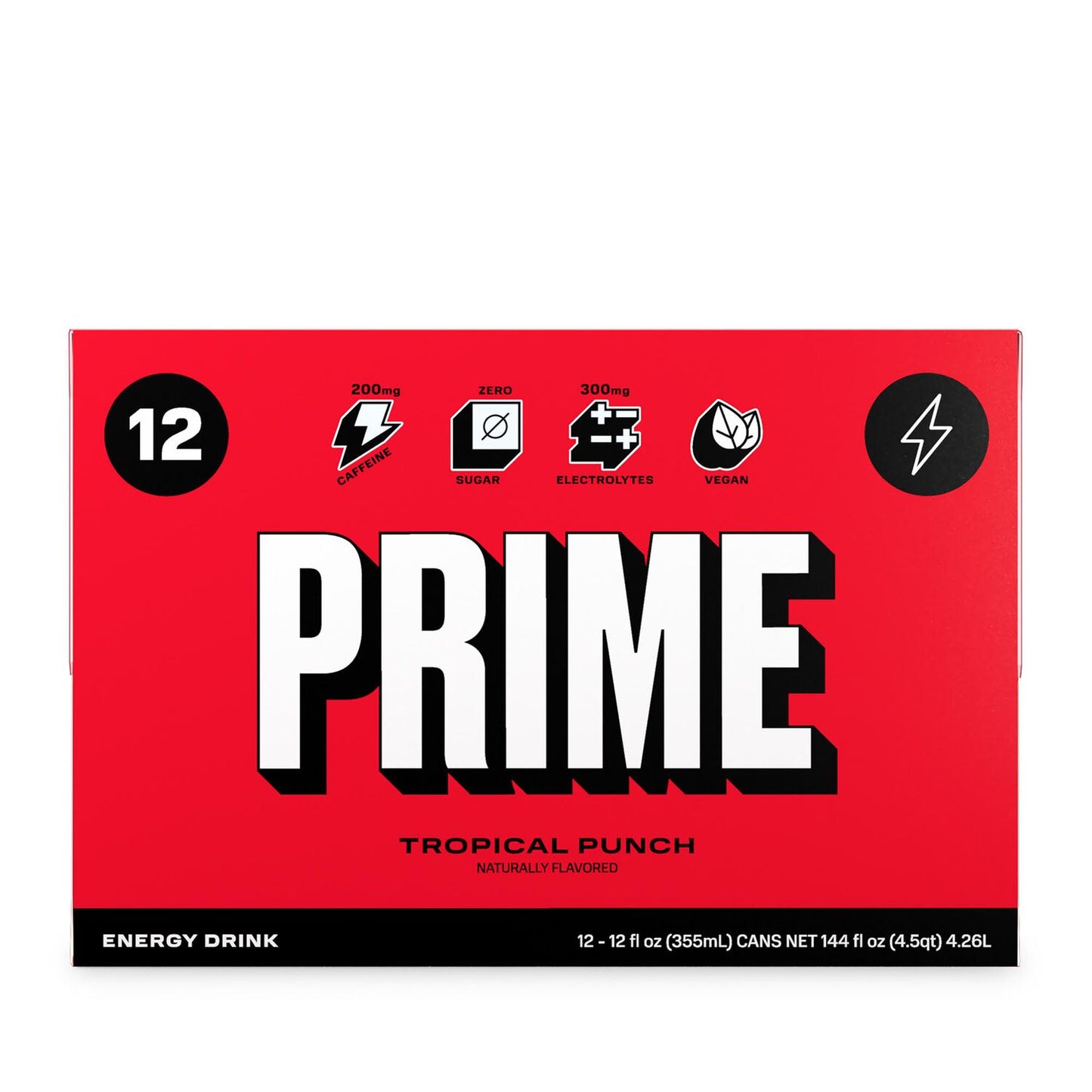 PRIME Energy TROPICAL PUNCH | Zero Sugar Energy Drink | Preworkout Energy | 200mg Caffeine with 300mg of Electrolytes and Coconut Water for Hydration| Vegan | Gluten Free |12 Fluid Ounce | 12 Pack