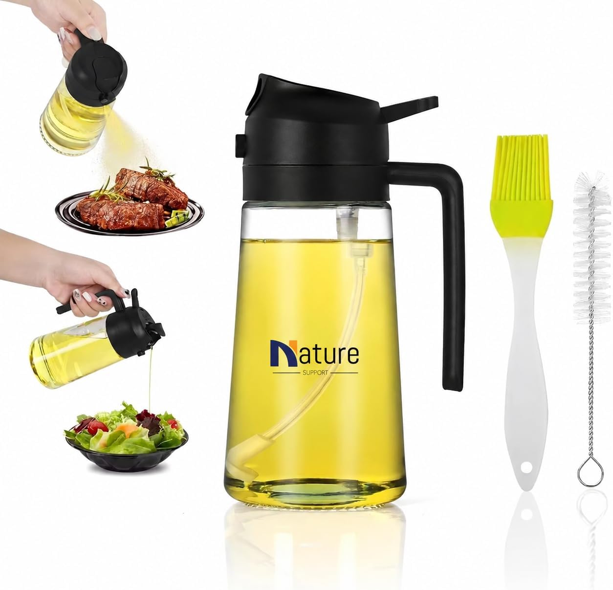 16oz/470ml Oil Sprayer for Cooking, 2 in 1 Glass Olive Oil Dispenser Bottle for Kitchen, Air Fryer, Salad & BBQ, Leakproof Design