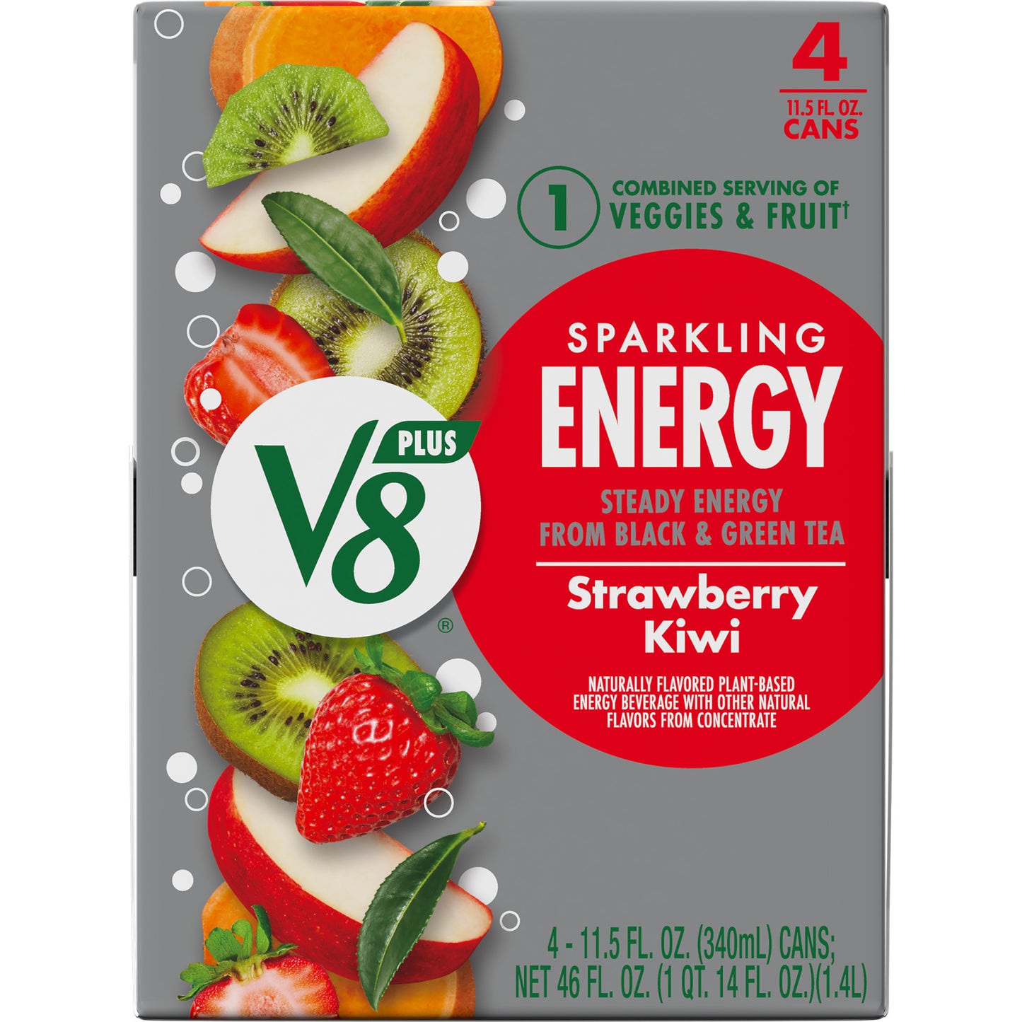 V8 Juice|Energy Sparkling Strawberry Kiwi|Juice Energy Drink-(11.5 fl oz Can, 4 Count)