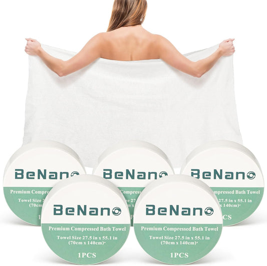 Premium Compressed Towel Tablets Disposable Towel 55.1 in x 27.5 in Large Bath Towel Travel Towel Reusable for Hotel Camping Sports Hiking Beach Swimming Vacation (55.1" x 27.5" (5 Pack))
