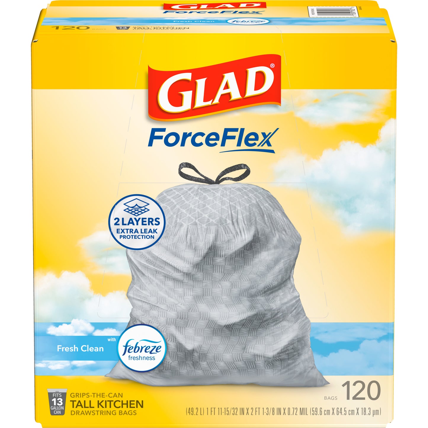 Glad|ForceFlex Tall Kitchen Drawstring Trash Bags|13 Gallon, Gain Fresh Clean with Febreze Freshness-(120 Count)