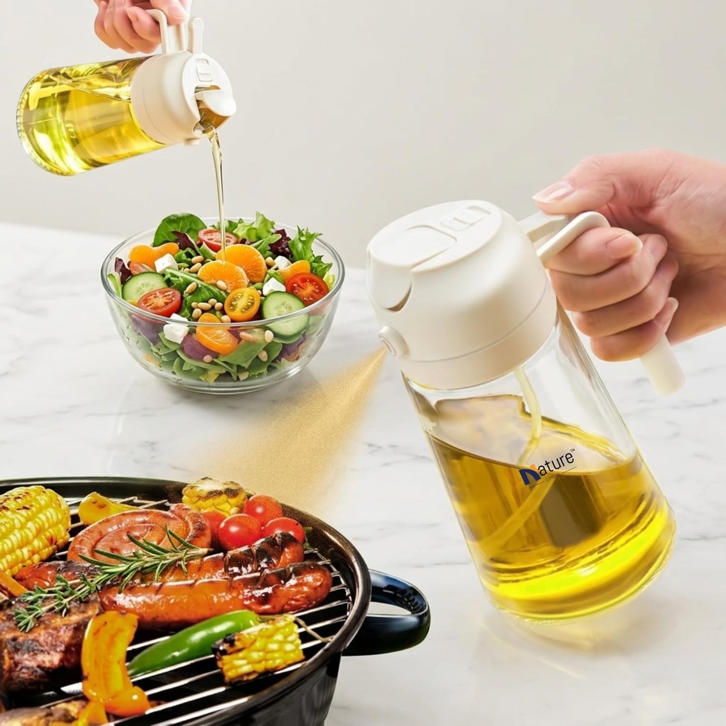16oz/470ml Oil Sprayer for Cooking, 2 in 1 Glass Olive Oil Dispenser Bottle for Kitchen, Air Fryer, Salad & BBQ, Leakproof Design